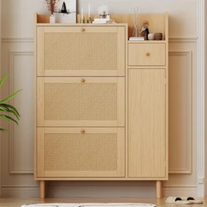 Schoenenkast hout en rotan - 3 klepdeuren en 1 lade - verstelbare plank - Naturel ModernLuxe