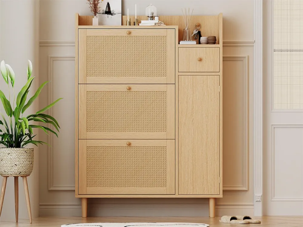 Schoenenkast hout en rotan - 3 klepdeuren en 1 lade - verstelbare plank - Naturel ModernLuxe