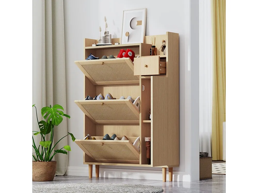 Schoenenkast hout en rotan - 3 klepdeuren en 1 lade - verstelbare plank - Naturel ModernLuxe