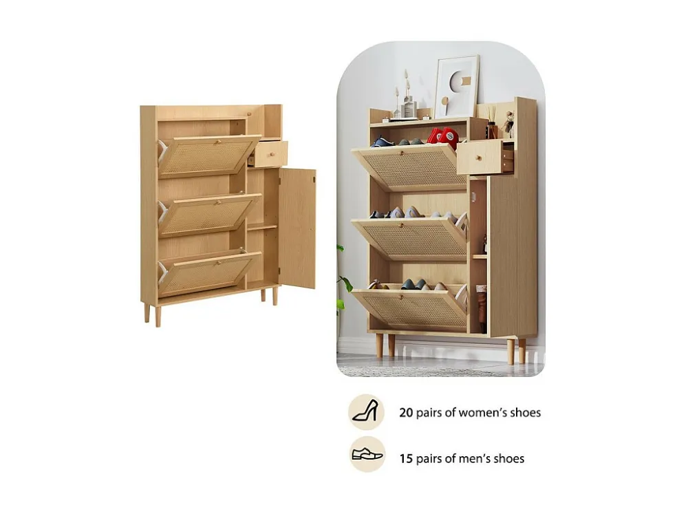 Schoenenkast hout en rotan - 3 klepdeuren en 1 lade - verstelbare plank - Naturel ModernLuxe