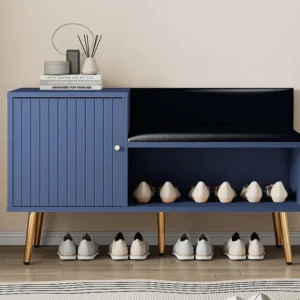 Schoenenkast - met bank en 2 vakken - met handgrepen en metalen poten - moderne stijl - Blauw ModernLuxe