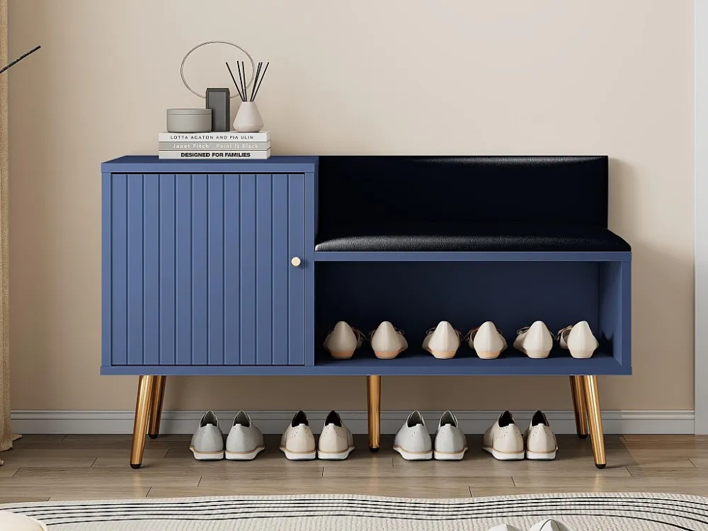 Schoenenkast - met bank en 2 vakken - met handgrepen en metalen poten - moderne stijl - Blauw ModernLuxe