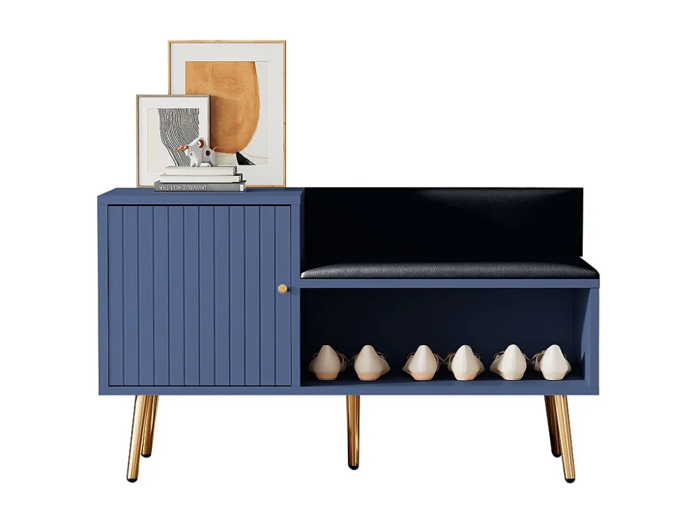 Schoenenkast - met bank en 2 vakken - met handgrepen en metalen poten - moderne stijl - Blauw ModernLuxe