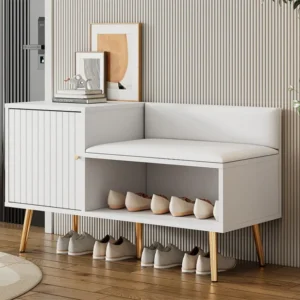 Schoenenkast - met bank en 2 vakken - met handgrepen en metalen poten - moderne stijl - Wit ModernLuxe