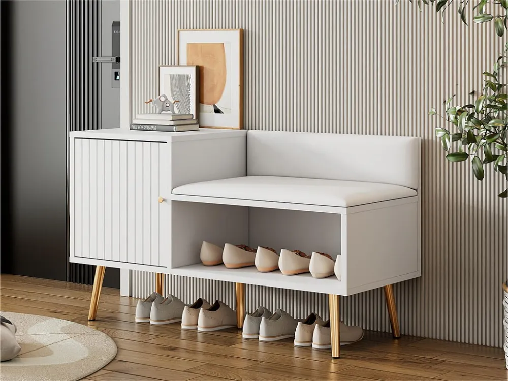 Schoenenkast - met bank en 2 vakken - met handgrepen en metalen poten - moderne stijl - Wit ModernLuxe