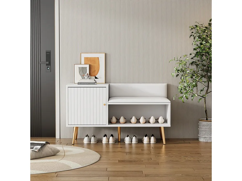 Schoenenkast - met bank en 2 vakken - met handgrepen en metalen poten - moderne stijl - Wit ModernLuxe