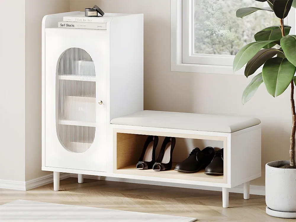 Schoenenkast - met bankje en 4 vakken - Wit ModernLuxe