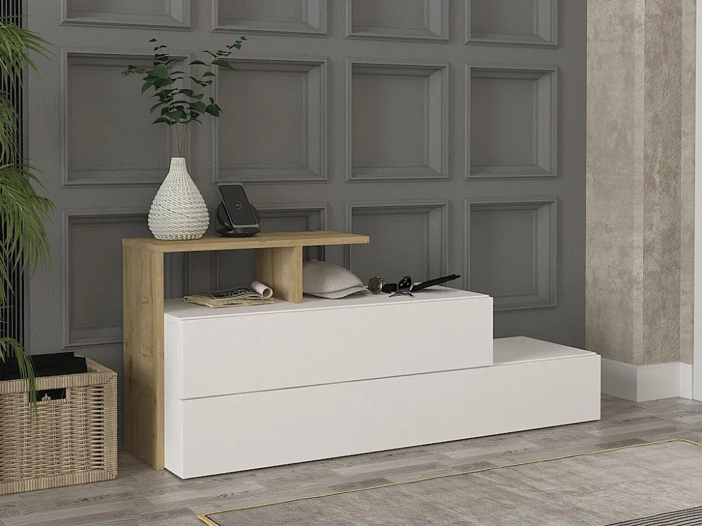 Schoenenkast met 2 deurtjes en 1 legplank - Wit en houtlook - DAVISTA