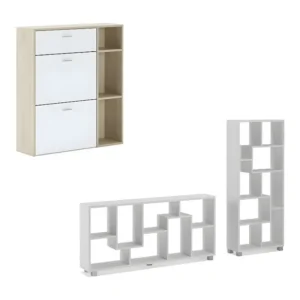 Entrance Set, Windmodel, 90x26x101.5 cm / 68.5x25x161cm, 1 Zapatero -meubels en 1 plank, Eik en wit, Noordse stijl Skraut...