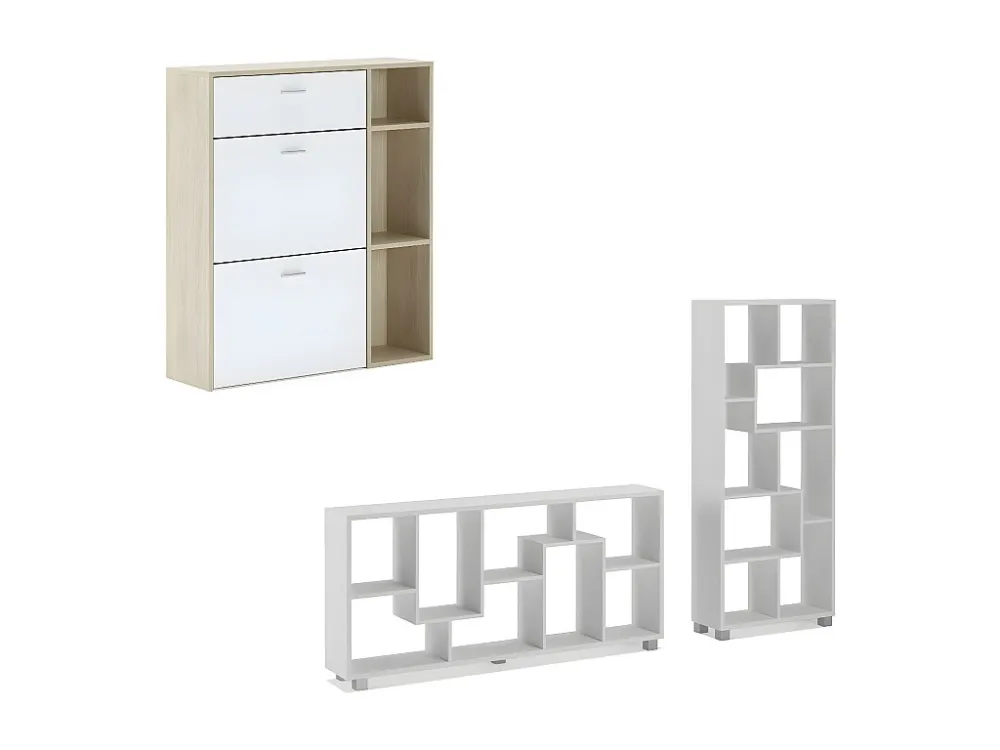 Entrance Set, Windmodel, 90x26x101.5 cm / 68.5x25x161cm, 1 Zapatero -meubels en 1 plank, Eik en wit, Noordse stijl Skraut...