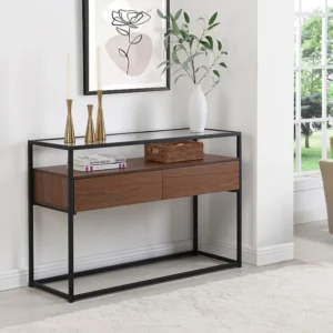 Buffetkast met 2 lades van mdf, gehard glas en metaal - Donker naturel - CAMATA