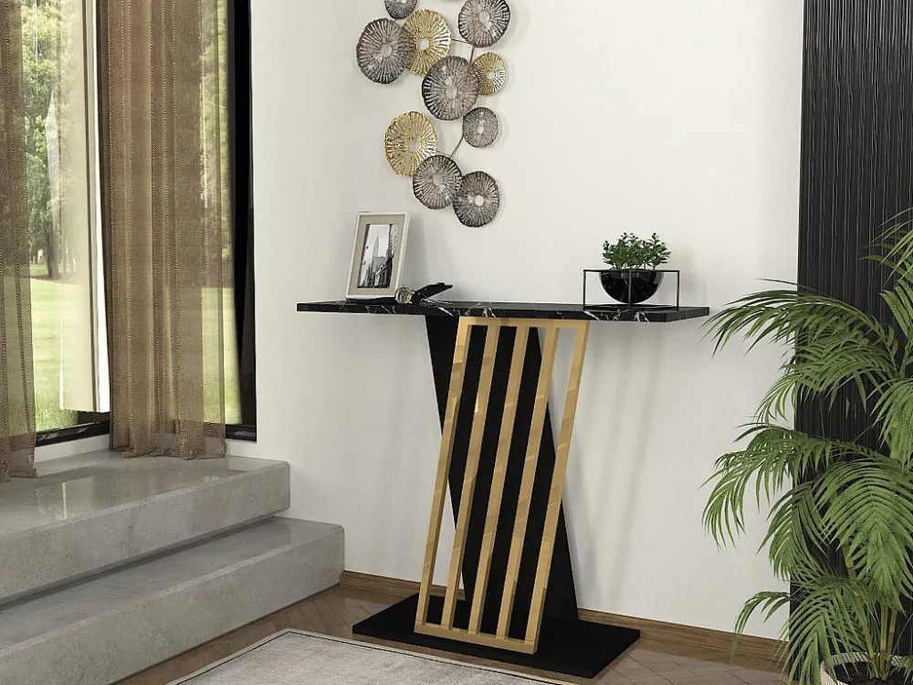Consoletafel - Kleur: zwart marmereffect en goud - ORSONA