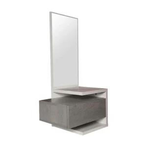 Entreekast 0, Moderne entree met spiegel, Kast met lade en plank, Zakladekast, 43x32h90 cm, Cement en Wit Dmora