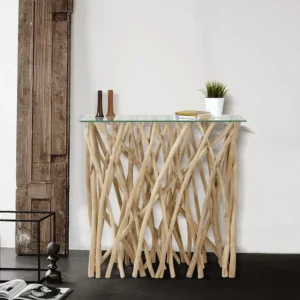 Sidetable van gehard glas en teakhout - Naturelkleur - GAYANA - Koop nu goedkoop online