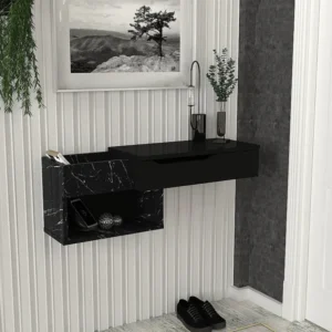 Zwevende sidetable met 1 lade en 2 nissen - Zwarte marmerlook - DAREKA