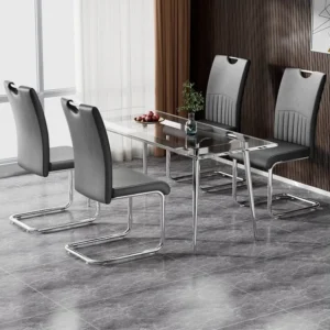 Lot de 4 chaise de piétement luge, structure en métal chromé, charge max 150 kg, similicuir PU, gris foncé