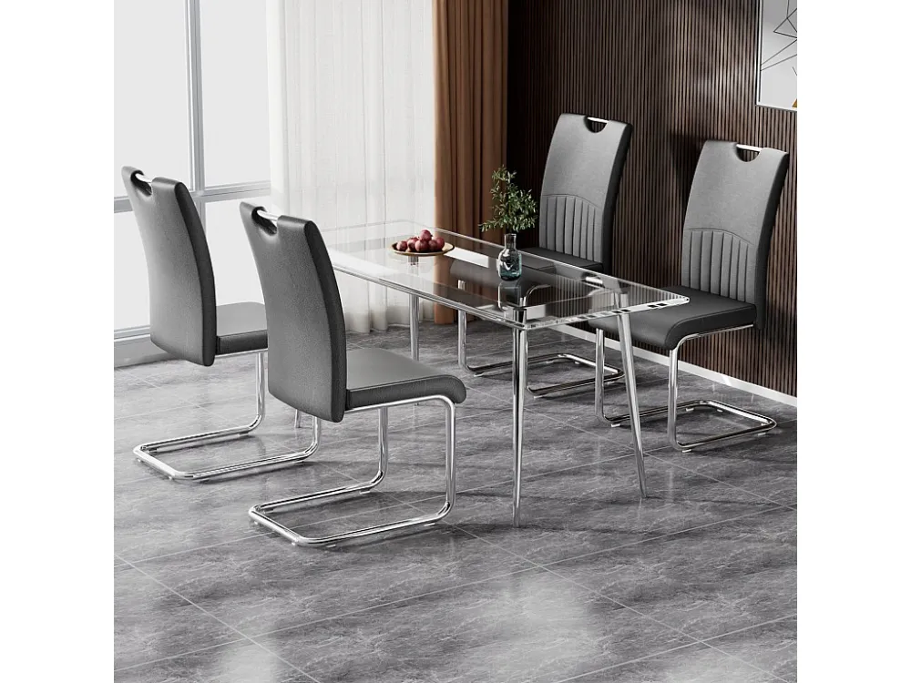 Lot de 4 chaise de piétement luge, structure en métal chromé, charge max 150 kg, similicuir PU, gris foncé