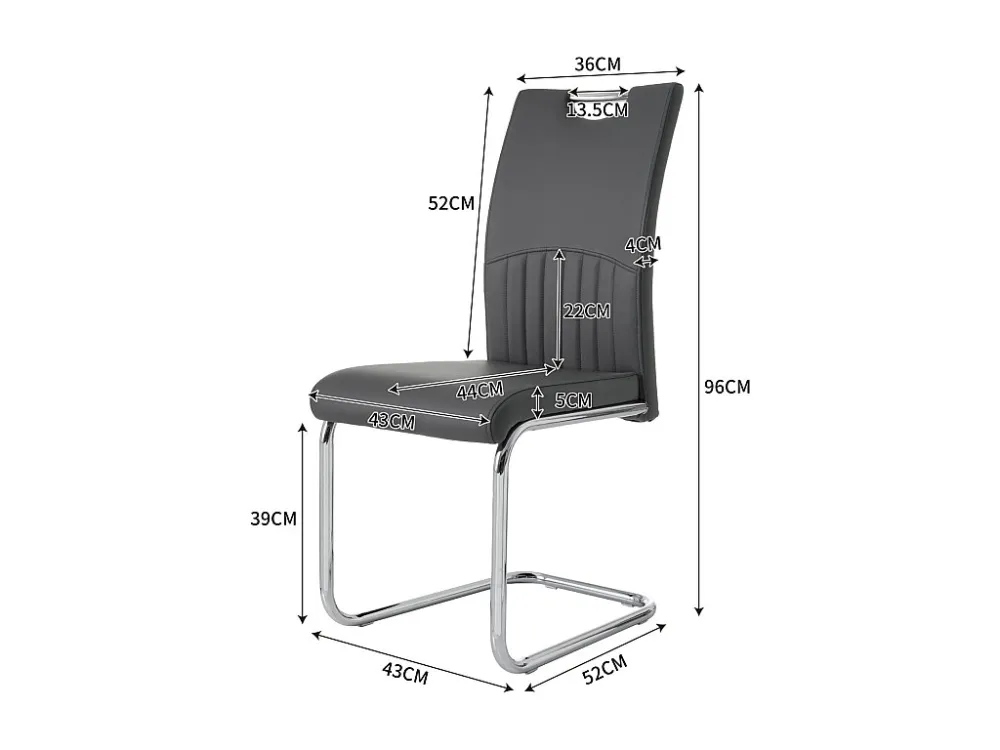 Lot de 4 chaise de piétement luge, structure en métal chromé, charge max 150 kg, similicuir PU, gris foncé