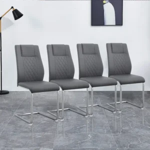 Lot de 4 chaises de piétement luge, dossier motif diamant, structure en métal chromé, charge max 150 kg, revêtement en sim...
