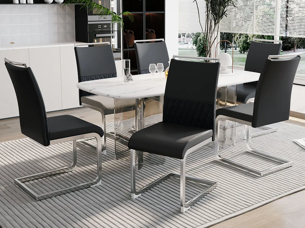 Set van 6 eetkamerstoelen - Linnen en PU leer - Metalen poten - Zwart en grijs - BLITZ Merax