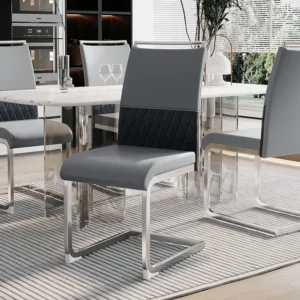 Set van 4 eetkamerstoelen - Linnen en PU leer - Metalen poten - Grijs - BLITZ Merax