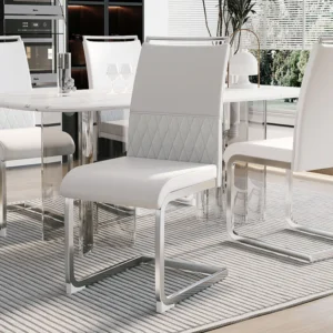 Set van 4 eetkamerstoelen - Linnen en PU leer - Metalen poten - Wit - BLITZ Merax