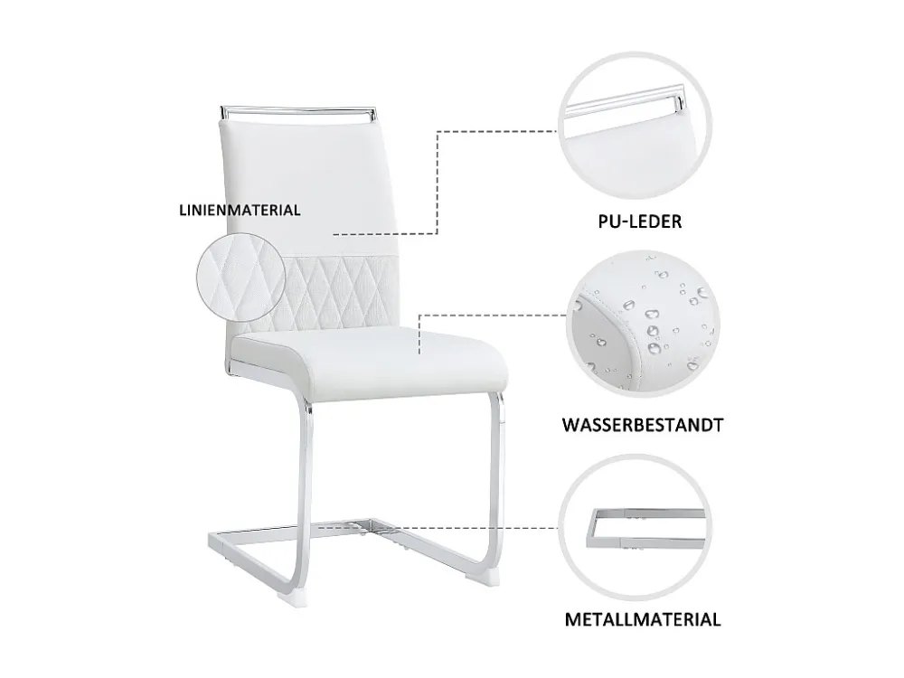 Set van 4 eetkamerstoelen - Linnen en PU leer - Metalen poten - Wit - BLITZ Merax