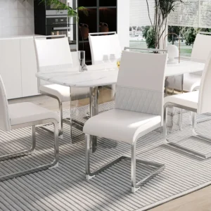 Set van 6 eetkamerstoelen - Linnen en PU leer - Metalen poten - Wit - BLITZ Merax