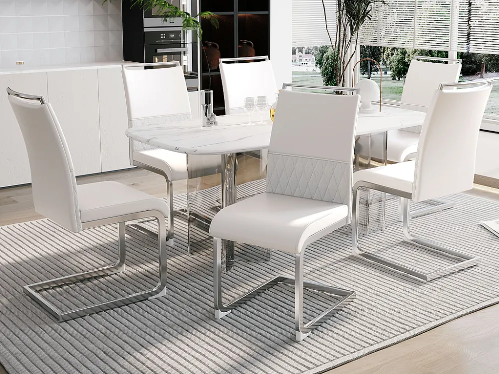 Set van 6 eetkamerstoelen - Linnen en PU leer - Metalen poten - Wit - BLITZ Merax