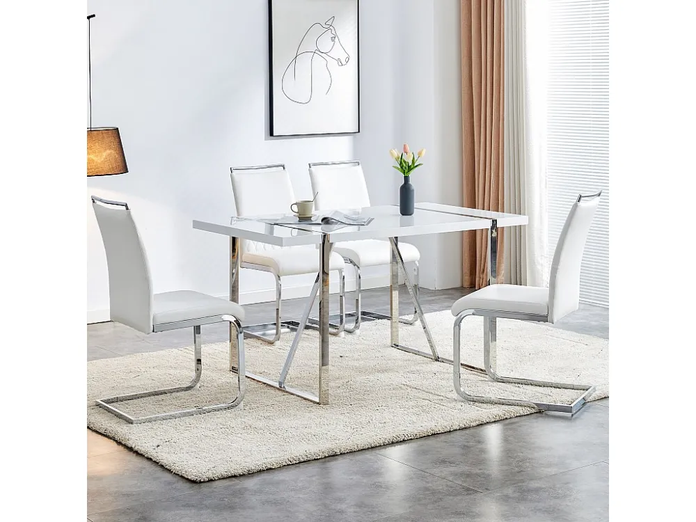 Set van 6 eetkamerstoelen - Linnen en PU leer - Metalen poten - Wit - BLITZ Merax
