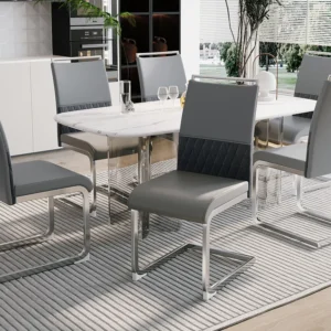Set van 6 eetkamerstoelen - Linnen en PU leer - Metalen poten - Grijs - BLITZ Merax