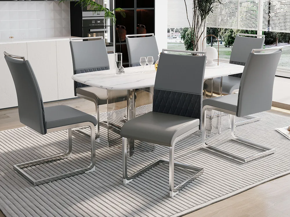 Set van 6 eetkamerstoelen - Linnen en PU leer - Metalen poten - Grijs - BLITZ Merax
