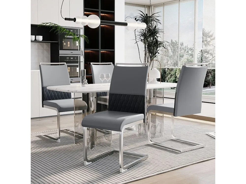 Set van 6 eetkamerstoelen - Linnen en PU leer - Metalen poten - Grijs - BLITZ Merax