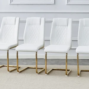 Set van 4 kunstleren sledestoelen - Goudkleurige metalen poten - Rugleuning met ruitpatroon - Wit Merax