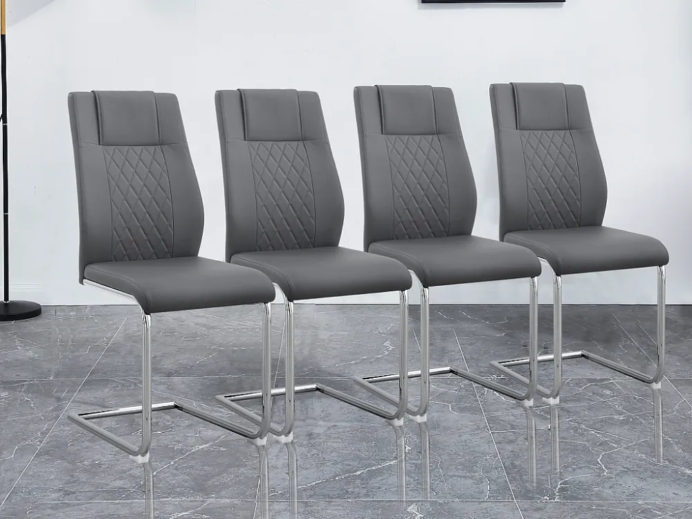 Set van 4 kunstleren sledestoelen - metalen poten - rugleuning ruitpatroon - grijs Merax
