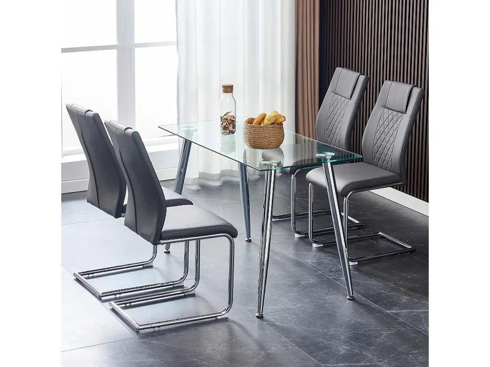 Set van 4 kunstleren sledestoelen - metalen poten - rugleuning ruitpatroon - grijs Merax