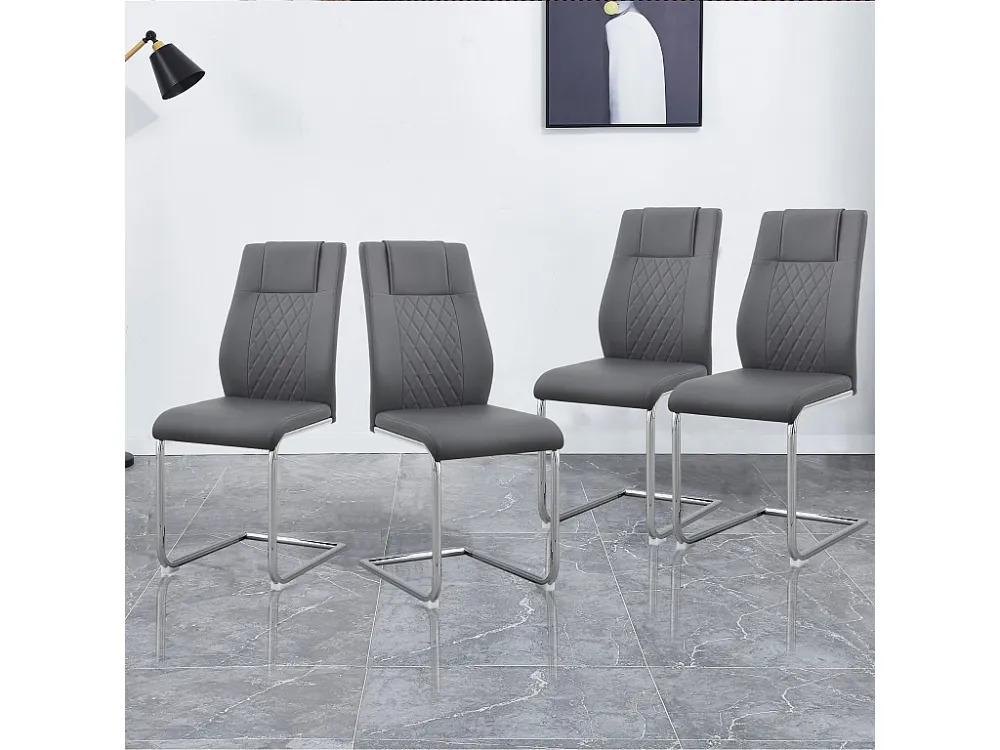 Set van 4 kunstleren sledestoelen - metalen poten - rugleuning ruitpatroon - grijs Merax