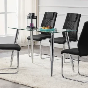 Set van 4 kunstleren sledestoelen - Metalen poten - Rugleuning met ruitpatroon - Zwart Merax