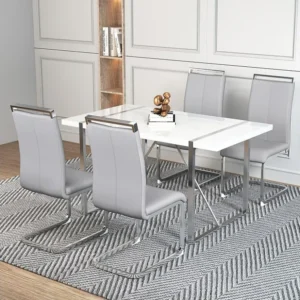 Set van 4 Kunstleren sledestoelen - Metalen poten - Zonder armleuningen - Lichtgrijs Merax