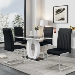 Set van 4 stoelen van synthetisch leer - metalen poten - rugleuning met gestreept patroon - zwart Merax