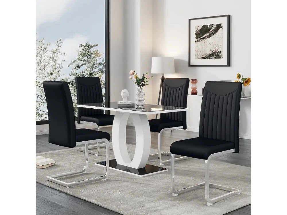 Set van 4 stoelen van synthetisch leer - metalen poten - rugleuning met gestreept patroon - zwart Merax