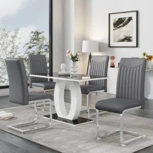Set van 4 stoelen van synthetisch leer - metalen poten - rugleuning met gestreept patroon - grijs Merax