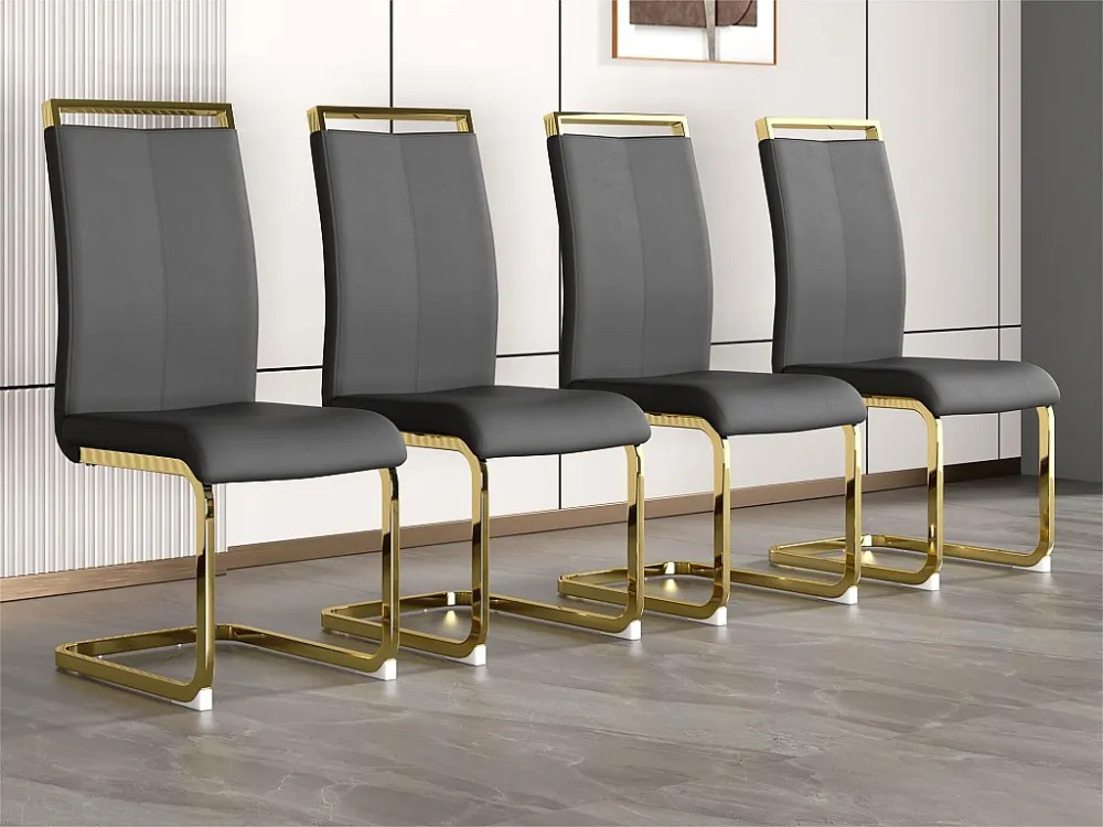 Set van 4 kunstleren sledestoelen - chroom metalen structuur - grijs & goud ModernLuxe