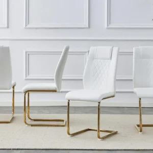 Set van 4 kunstleren sledestoelen - rugleuning met diamantpatroon - structuur van chroommetaal - wit en goud ModernLuxe