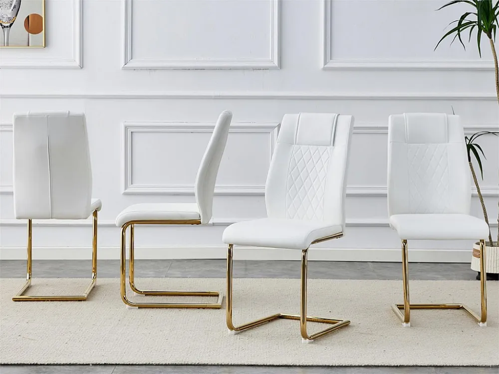 Set van 4 kunstleren sledestoelen - rugleuning met diamantpatroon - structuur van chroommetaal - wit en goud ModernLuxe