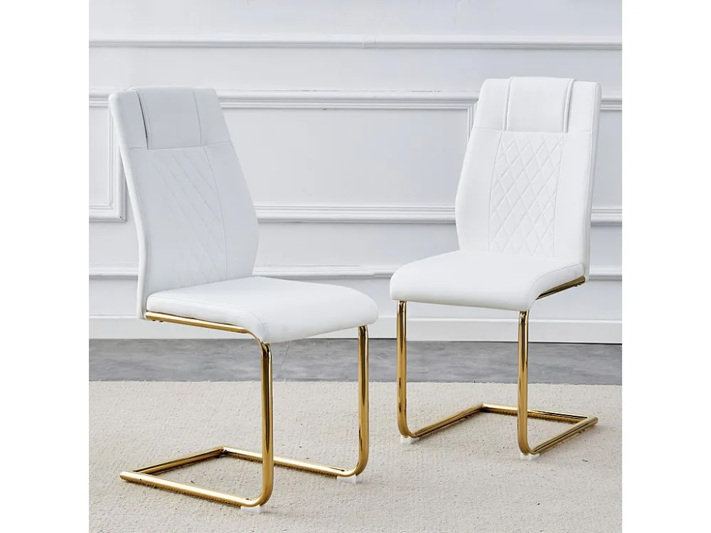 Set van 4 kunstleren sledestoelen - rugleuning met diamantpatroon - structuur van chroommetaal - wit en goud ModernLuxe