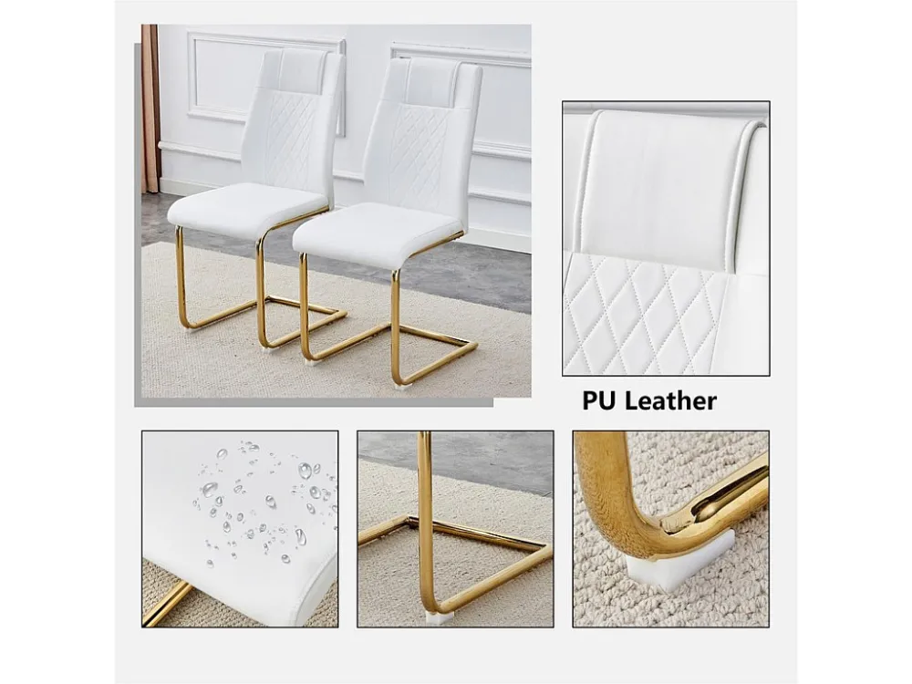 Set van 4 kunstleren sledestoelen - rugleuning met diamantpatroon - structuur van chroommetaal - wit en goud ModernLuxe
