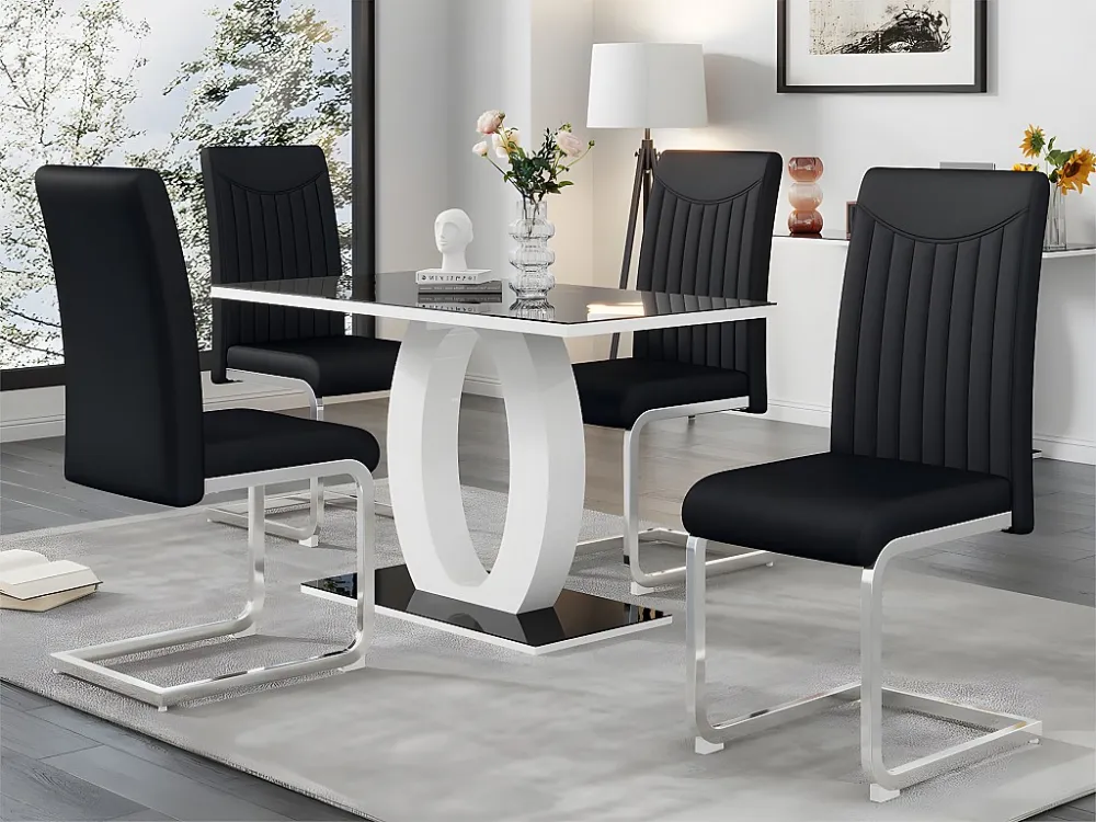 Set van 4 sledestoelen - chroom metalen structuur - bekleed met kunstleer - gestreepte decoratie - Zwart ModernLuxe