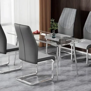 Set van 4 sledestoelen - chroom metalen structuur - kunstleer en linnen stof - Grijs ModernLuxe
