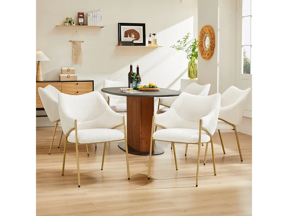 Chaise de salle à manger 6 pc, avec accoudoirs, tissu en peluche d'agneau, coussin de siège épais, 52.5x48x83.7cm beige